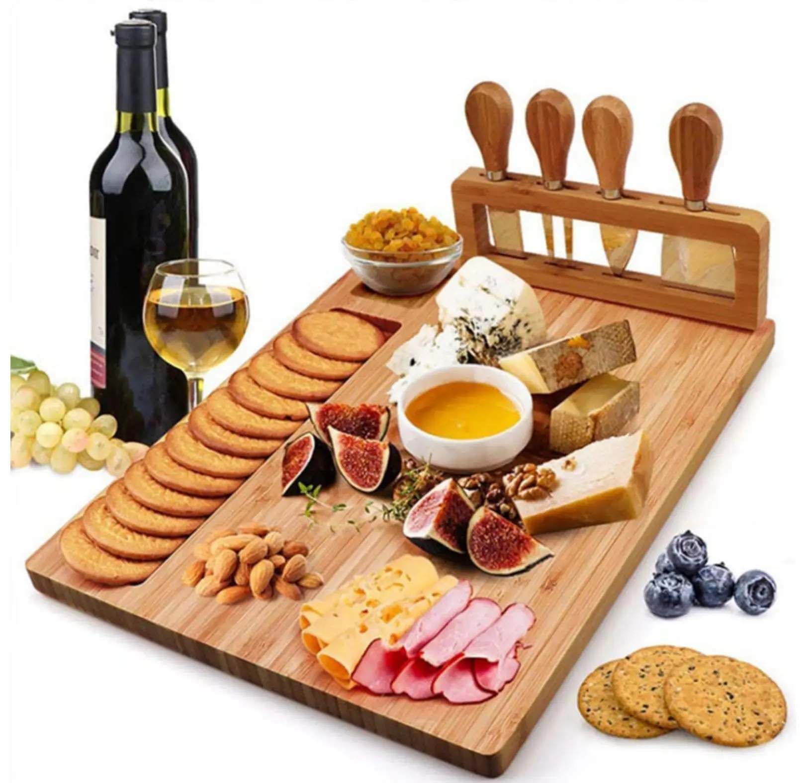 Natural bamboo cheese board cutting board adjustable cutlery tray set with slide-out drawer