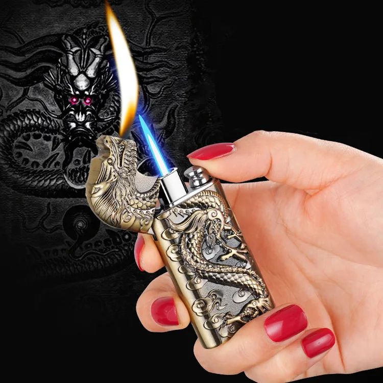 New hot selling Metal three-dimensional relief dragon lighter torch conversion open flame inflatable dual fire lighter