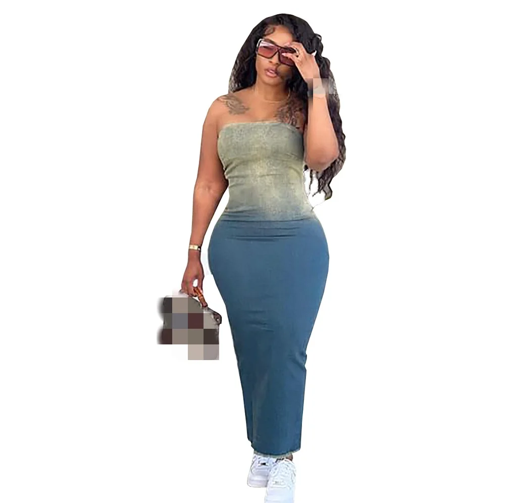 Kilig Wholesale Retro Summer Beach Sexy Bodycon Dress Maxi Ladies Jean Dresses Denim Off Shoulder Gradient Casual Dress Women