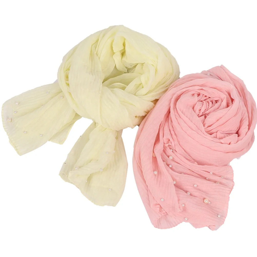 Wholesale New Design Dubai Wrinkle Lady Muslim Hijab Fashion Popular Solid Color Pearl Scarf Shawl