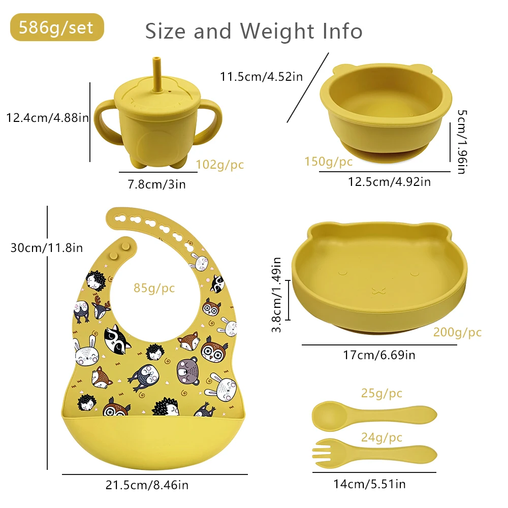 Infant Dining Set Toddler Tableware Weaning Kit Food Grade Baby Bowl Printed Bibs Suction Plate Spoon And Fork