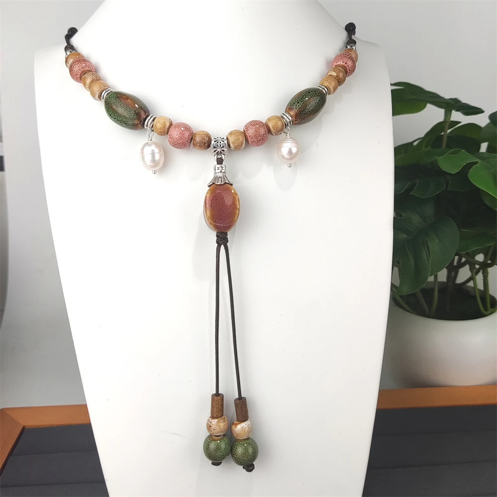 Fashion Jewelry Bohemian Style Handmade Braided Ceramic Beads Sweater Necklace Long Tassel Hand Knotted Rope Necklace With Pearl