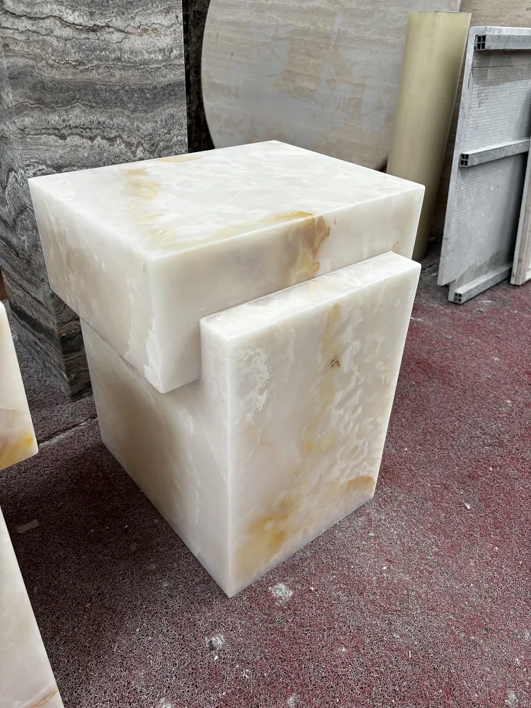 Onyx White  Side Table For Modern Decoration  Plinth Base Pillar  In White Onyx Marble