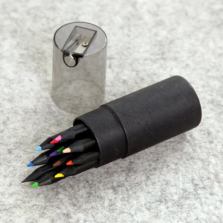 High Quality Black Wood Material Mini Size 12 Colored Pencil Set With Tube Sharpener Gift Pencil For Kids