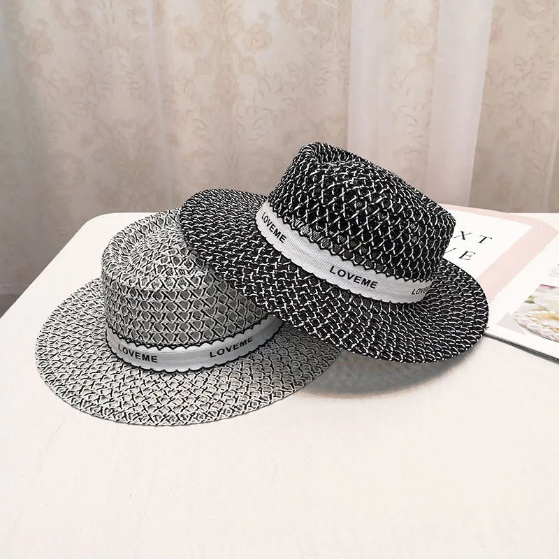 Vintage Elegant Ladies Summer Beach Wide Brim Sun Hat Black White Mesh Striped Flat Top Church Hat Straw Hats Sombrero For Women
