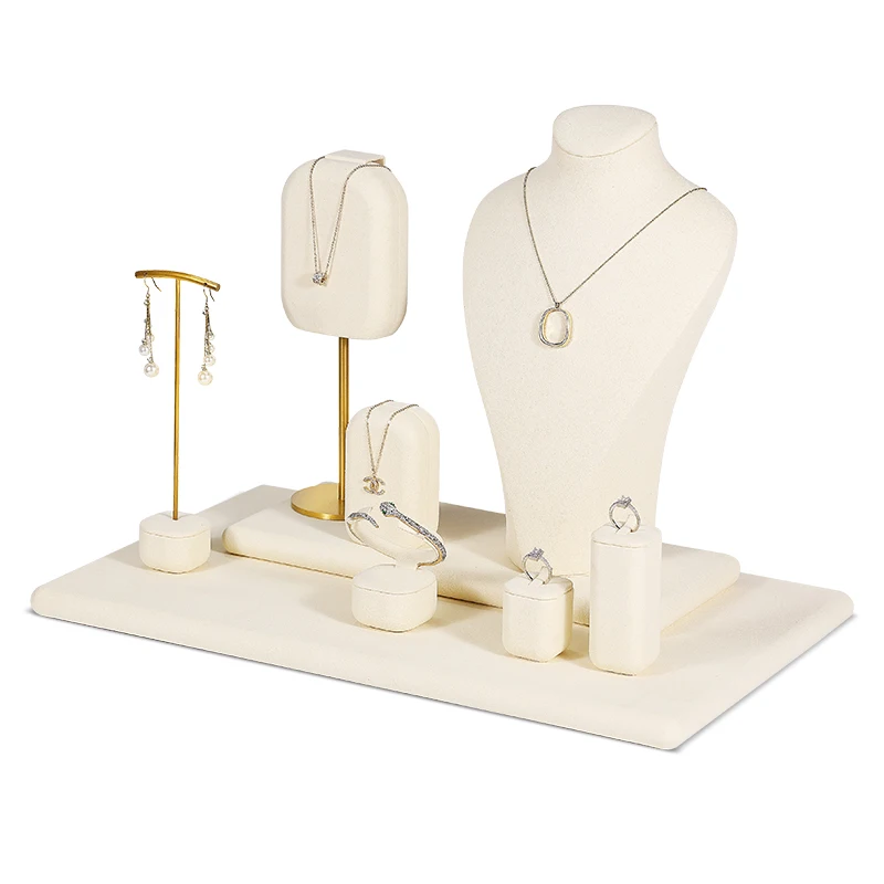 Jinsky Custom  beige Jewellery Display Stand Holder microfiber Luxury Jewelry Display Set