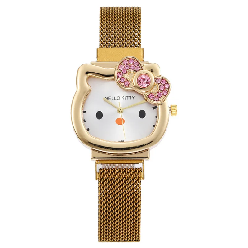 Silver Gold Kids Net Strap Watch Student Cartoon KT Cat Girl Quartz Watch Magnet Watch