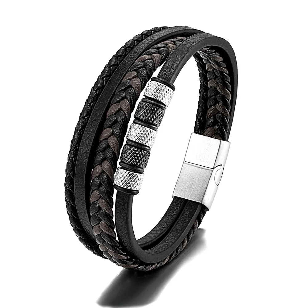 Hot seller Men Jewelry Leather Metal Closure Braided Pu Silver Plated Bracelet