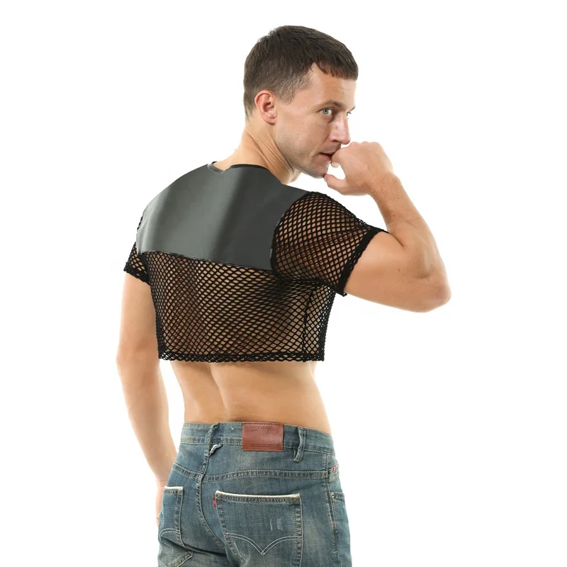 Mens Funny T Shirts Leather Crop Top Sexy Fishnet Club Attire Transparent Mesh Muscle Tee See Through Undershirt Tank Tops