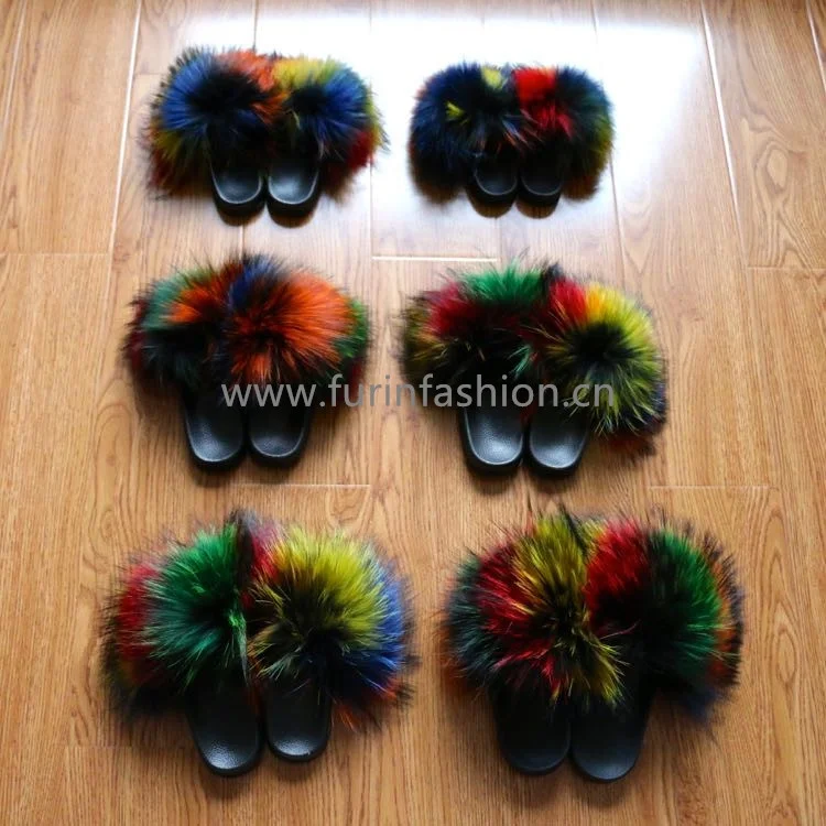 
Custom Real Multi-color raccoon fur slippers soft fur slides for Fashion Women 