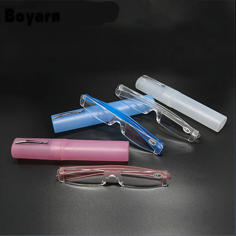 Rimless Reading Glasses Women Men Resin Clear Lens Eyeglasses Portable Pen Tube Presbyopia Glasses with Case +1.0 +4.0