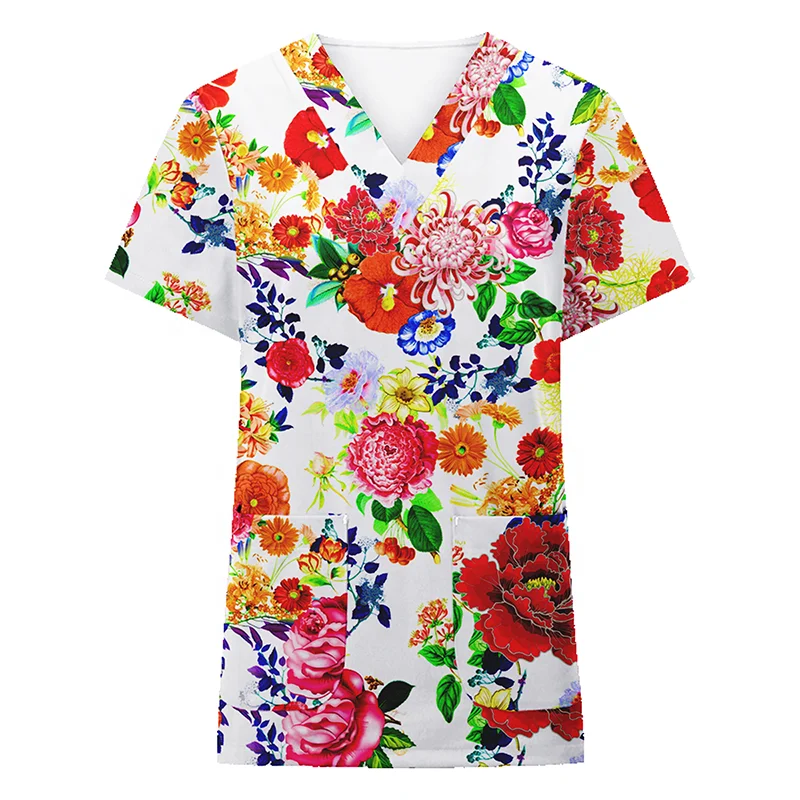 Wholesale custom floral print designing nursing scrubs tops hospital uniforms medical scrubs nurse