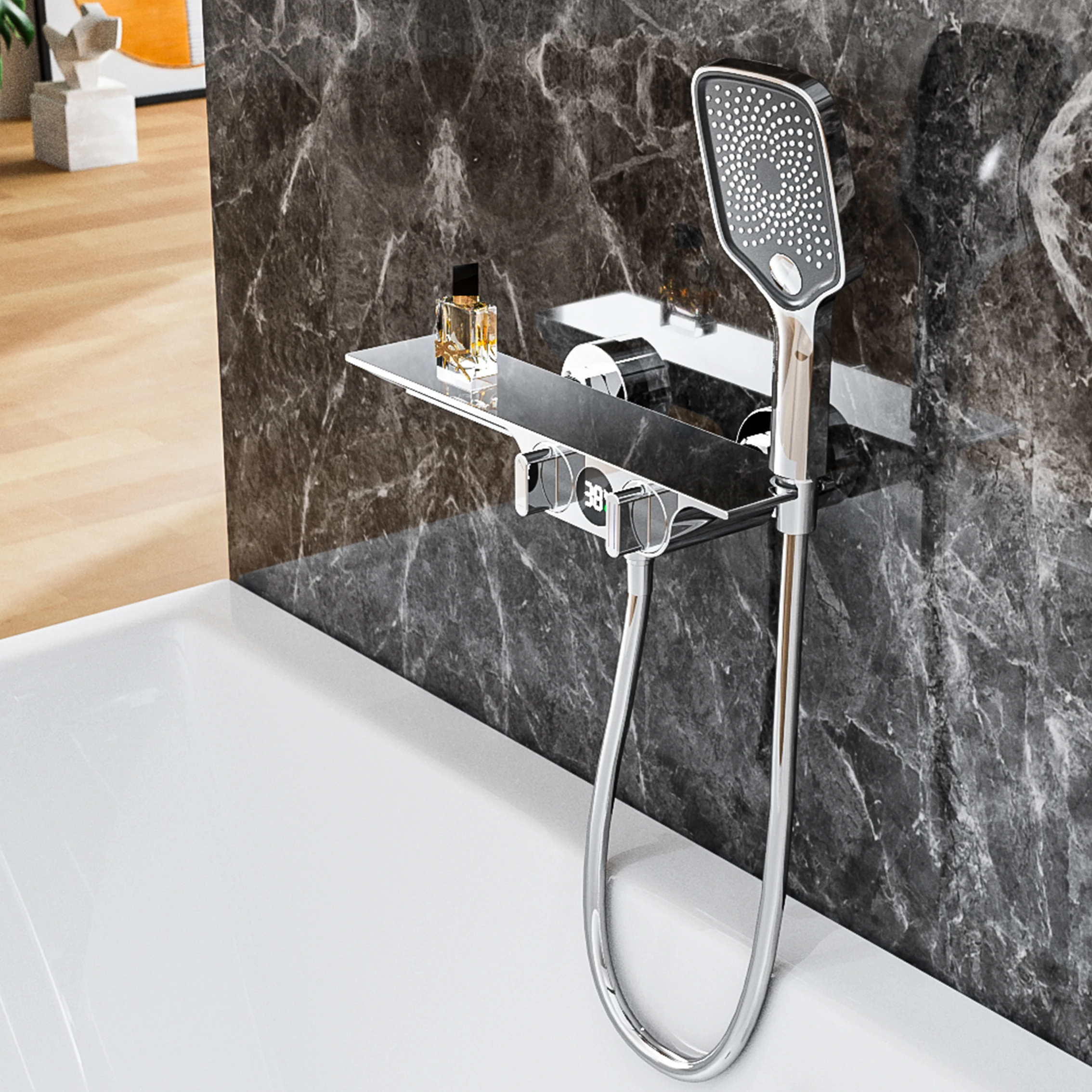 Waterfall Bathroom Bathtub Mixer Faucets thermostatic Shower Combination Set with Storage Platform