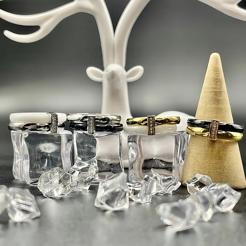 Wholesale Stainless Steel White Black Ceramic Diamond Ring Double Ring For Women or Men
