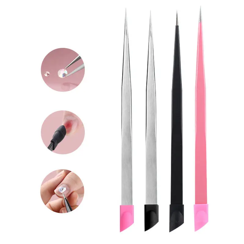 Multifunction Double Head Nail Manicure Tweezers with Silicone Pressing Head for 3D Nail Sticker Picker