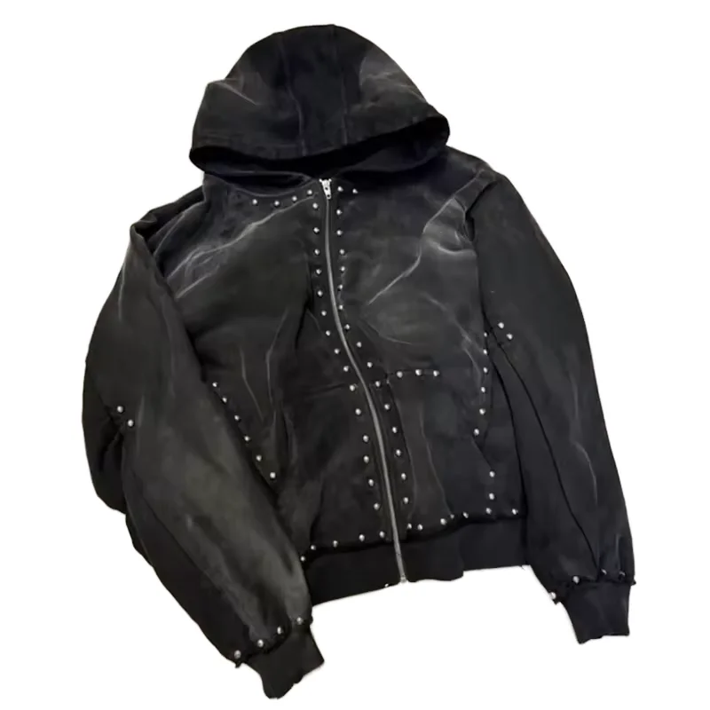 custom sun faded zipper french terry functional acid wash 500gsm men zip up rivet heavyweight rhinestone hoodie for men