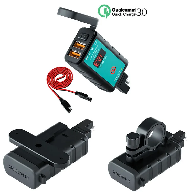 WUPP 12 - 24V QC3.0 Dual Usb Port Motorcycle Phone USB Charger Adapter With SAE Socket