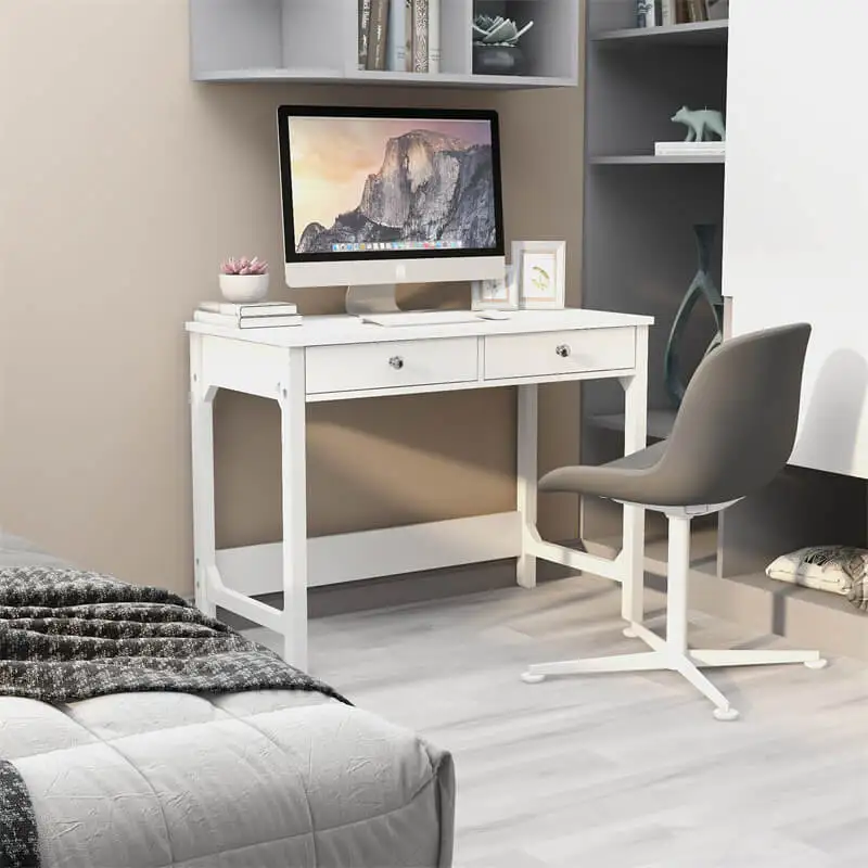 White Writing Desk with 2 Drawers Bedroom, Modern Wood Study Classic Writing Desk ,Home Office Vanity Desk Makeup Dressing Table