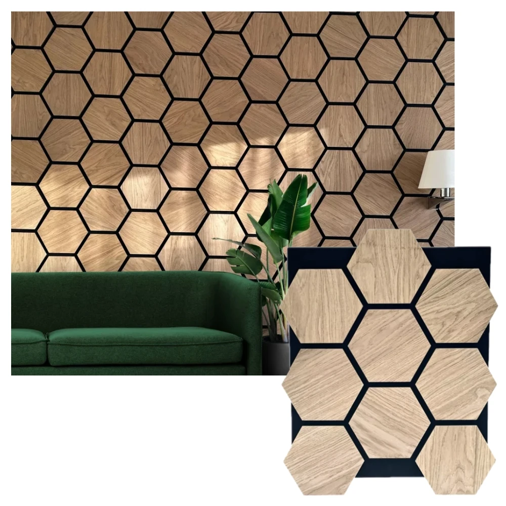 Interior Home Decoration MDF slat Wood Veneer Hexagon Wood Acoustic Wall Panels hexagonal akupanel wood slat acoustic panel