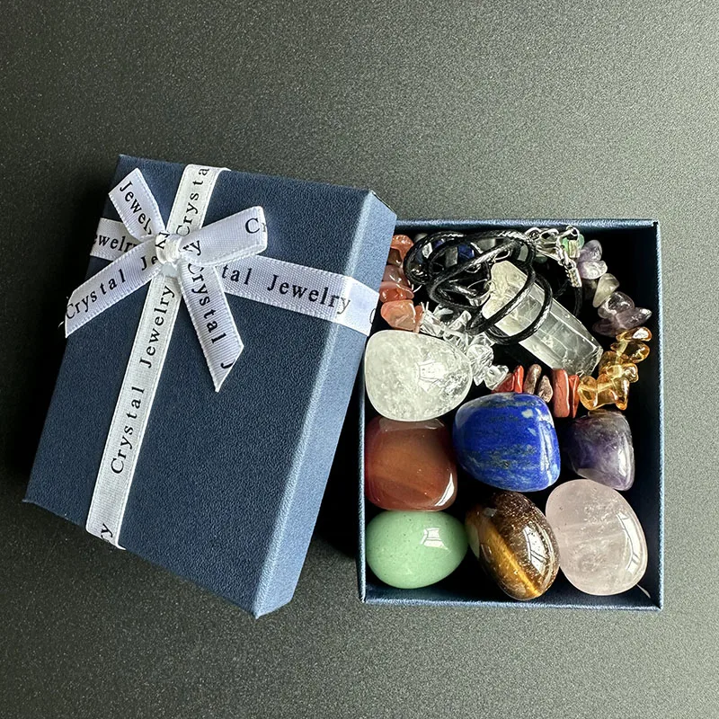 Chakra Set  Natural Crystal  Bracelet Necklace tiger Eye Rose  Quartzrelaxing Set Healing Crystal Stone Set Meditation One Box