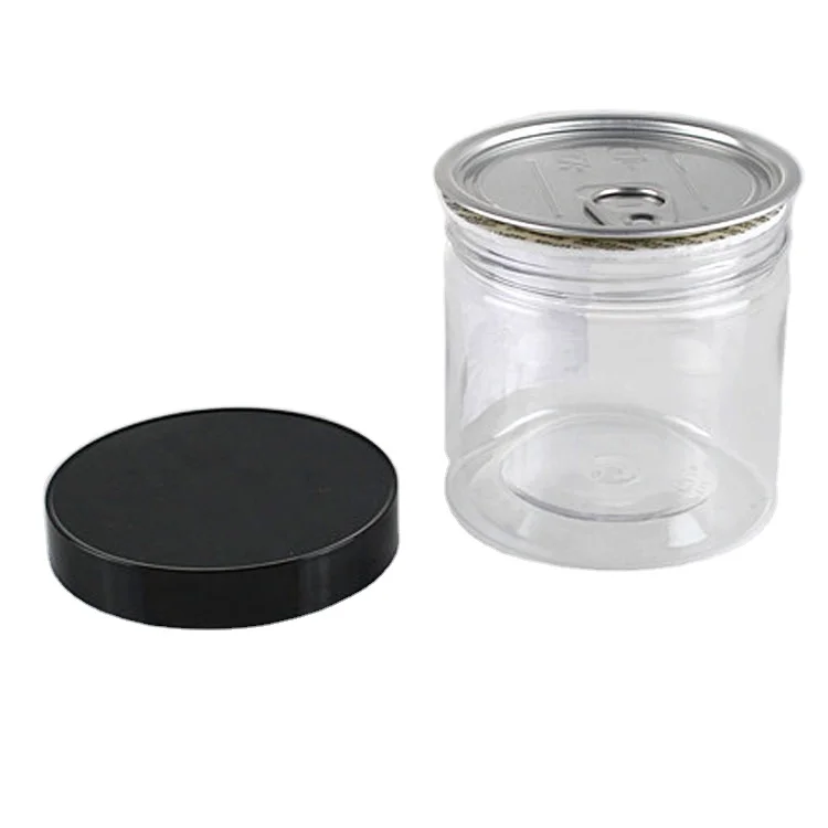 Plastic sealed products pet chicken beef fish cat dog canned custom food transparent can with resealable lid