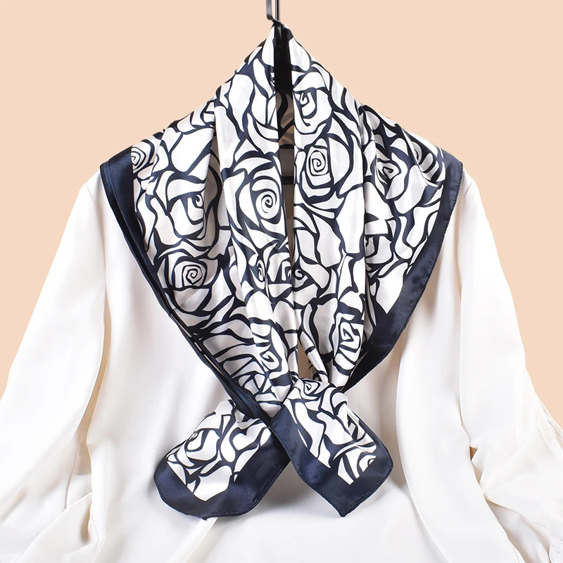 Spring/Summer Retro Rose Versatile Decorative Silk Scarf Printed 90 High Quality Satin Square Scarf for women