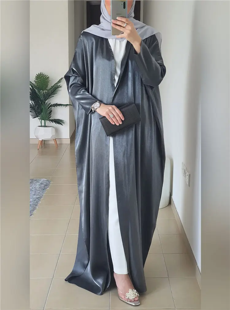 Oem Customization Islamic Clothing Prayer Modest Open Satin Batwing Muslim Abaya Hijab Kimono Dubai Ramadan Robe