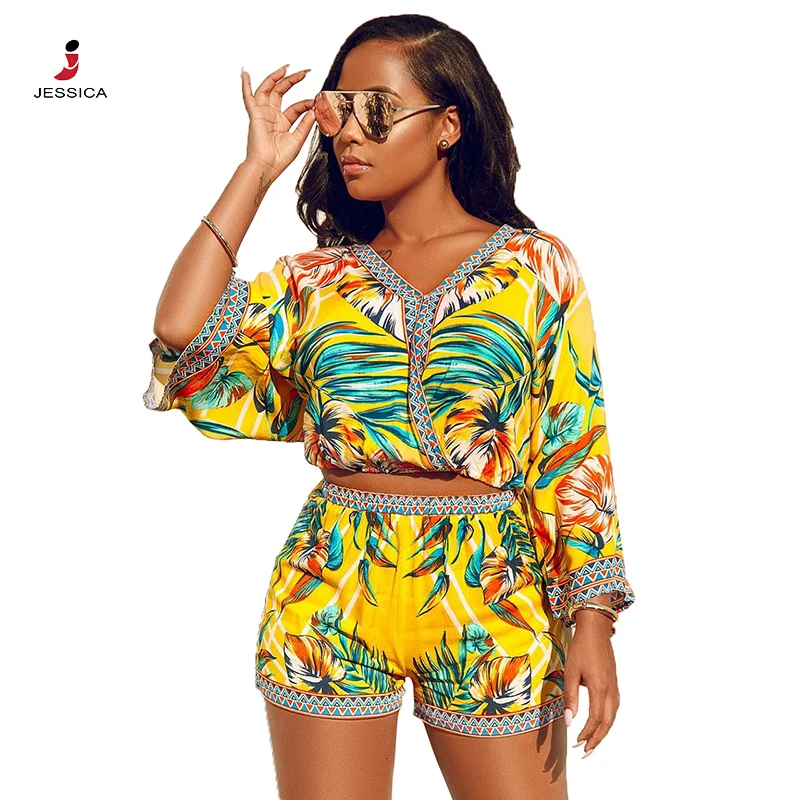 
new flare sleeve floral print boho shorts and tops two piece set women clothing 