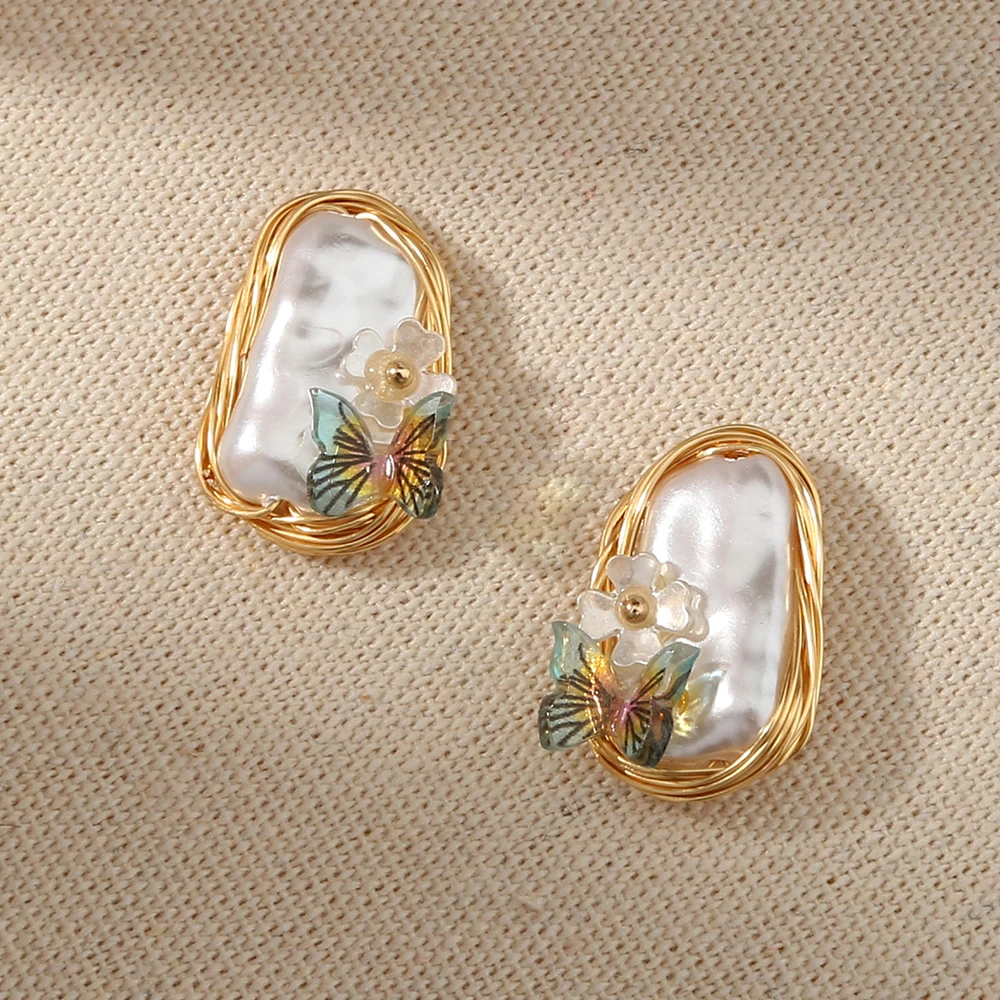 
Gold Filled Elegant Flower Green Resin Butterfly Pearl Earrings Studs Charms Women Jewelry 