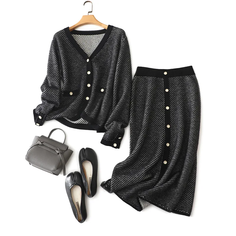 Low MOQ Wholesale V Neck Striped Plain Knit Cashmere Sweater Women Dress Skirt Party 2 PCS Cashmere Cardigan and Skirt Set
