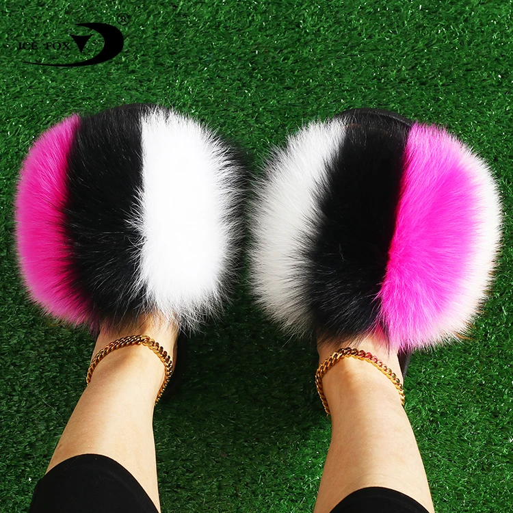 Open Toe Single Strap Slip On Sandals Real Fox Fur Women Multicolor Pvc Bag Accept Customized Logo