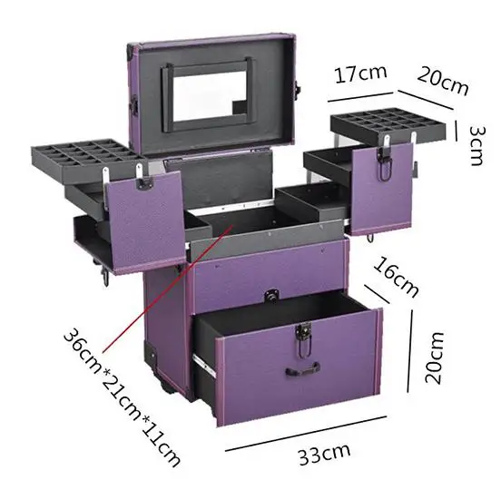Makeup Train Case on wheels Lockable Artist Makeup Cosmetic Trolley Case