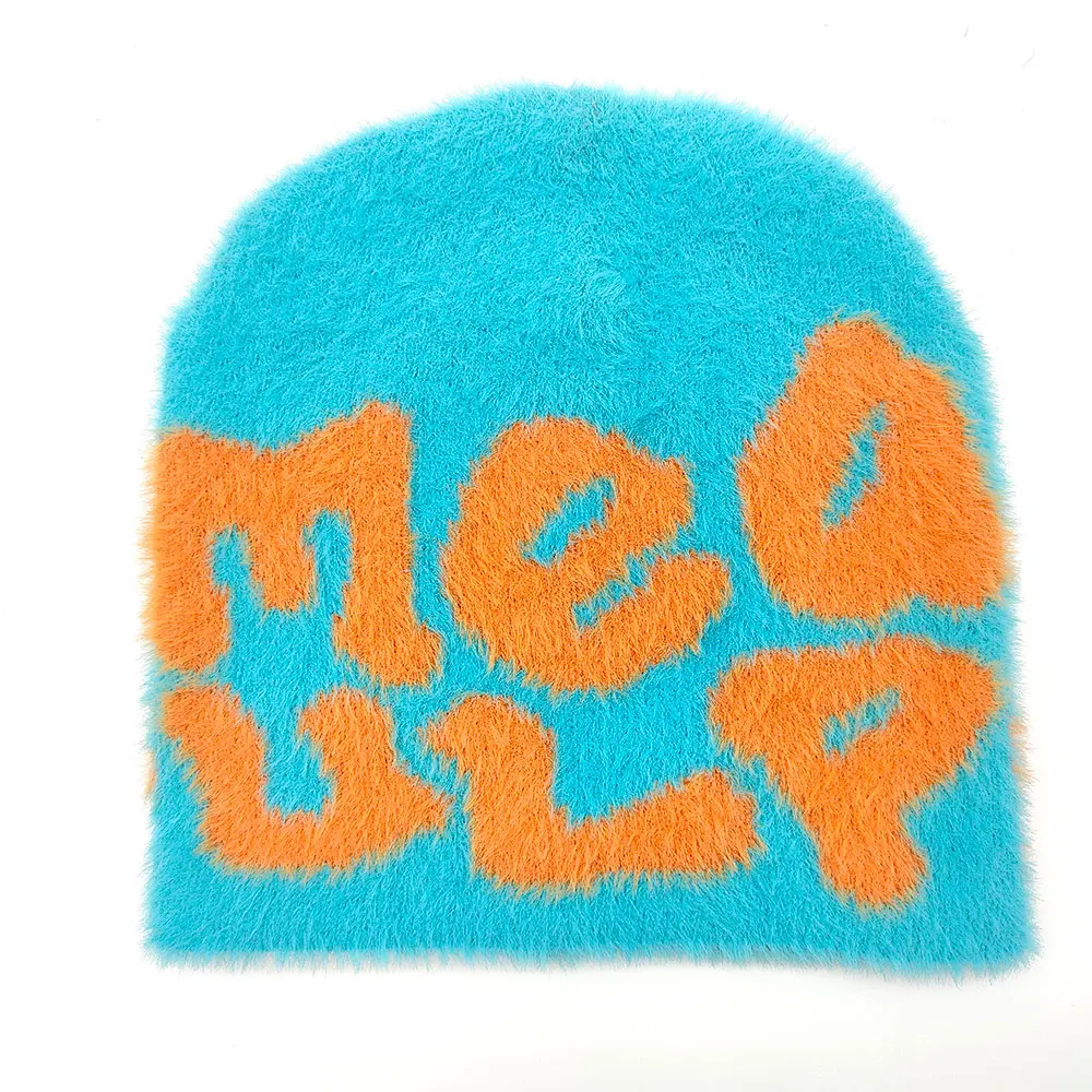 High Quality Jacquard Custom Logo Mohair Knit Winter Y2k Wool Fuzzy Mea Culpa Beanies