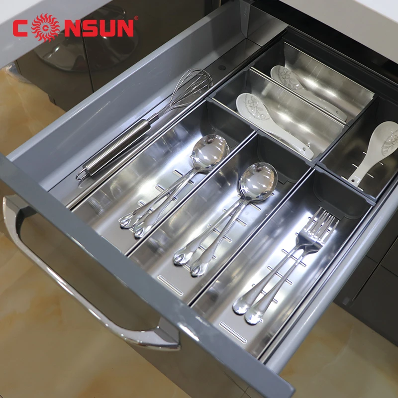 Food Grade Stainless Steel Kitchen  Cupboard Cutlery Tray Drawer Utensils Partition Freely Storage Pull Out Rack