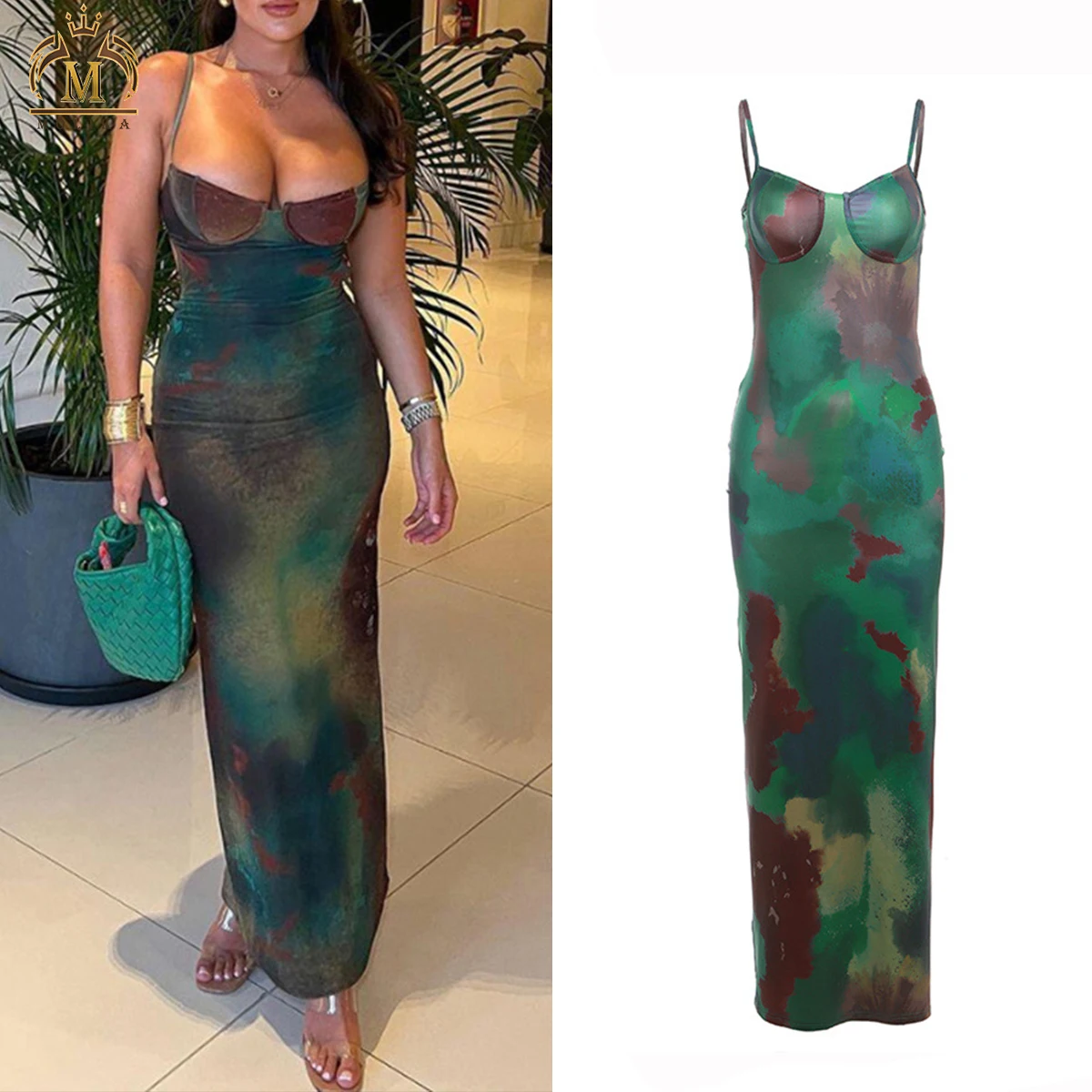 Spring Fall Dress Low Cut Halter Vintage Print Sleeveless Skinny Dress Backless Long Maxi Patchwork Dress For Lady