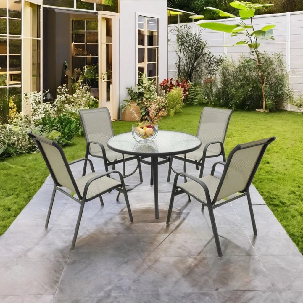 Modern 5-Pieces Outdoor Garden Patio Dining Set Stackable Metal Sling Armchair Glass Table Restaurant Furniture Powder Coated
