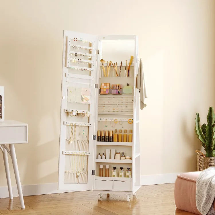360° Rotating Jewelry Organizer Cabinet with LED Lights, Lockable Standing Jewelry Armoire with Full Length Makeup Mirror