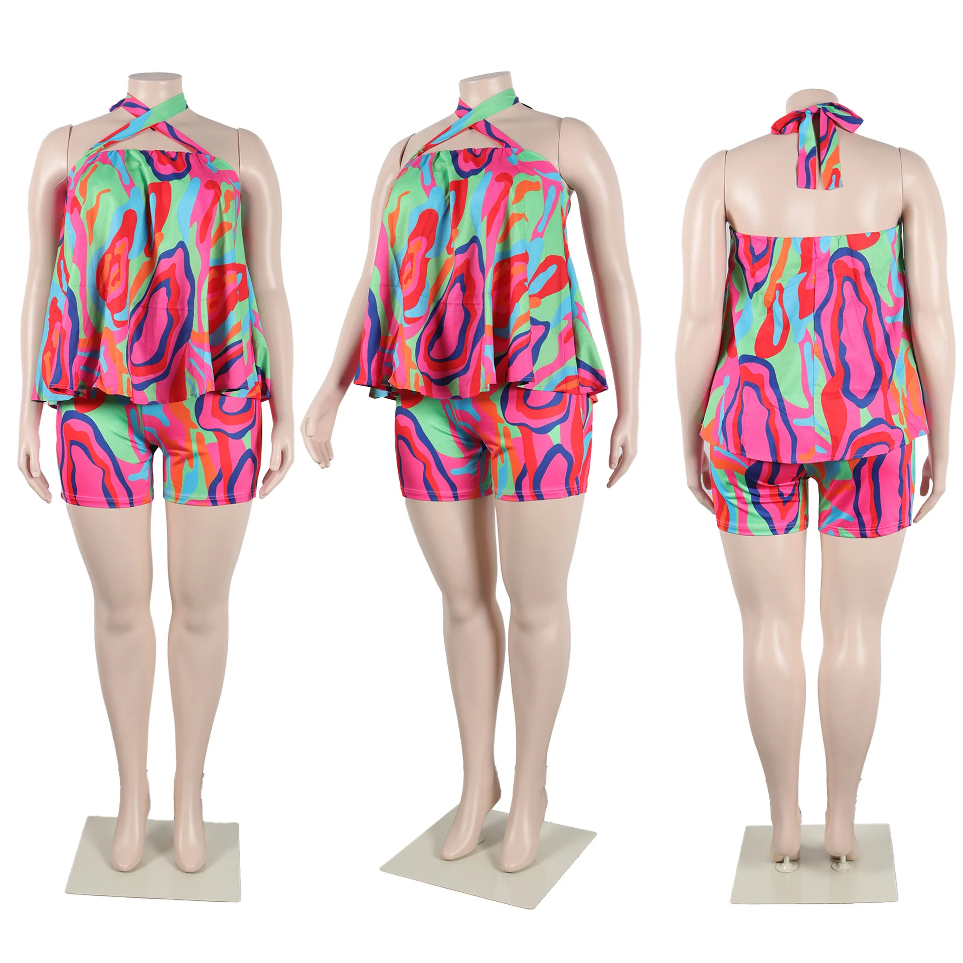 Summer New Product Popular Best Selling Fashion Casual Plus Size Graphic-print Halterneck Sleeveless Top Shorts Set Women