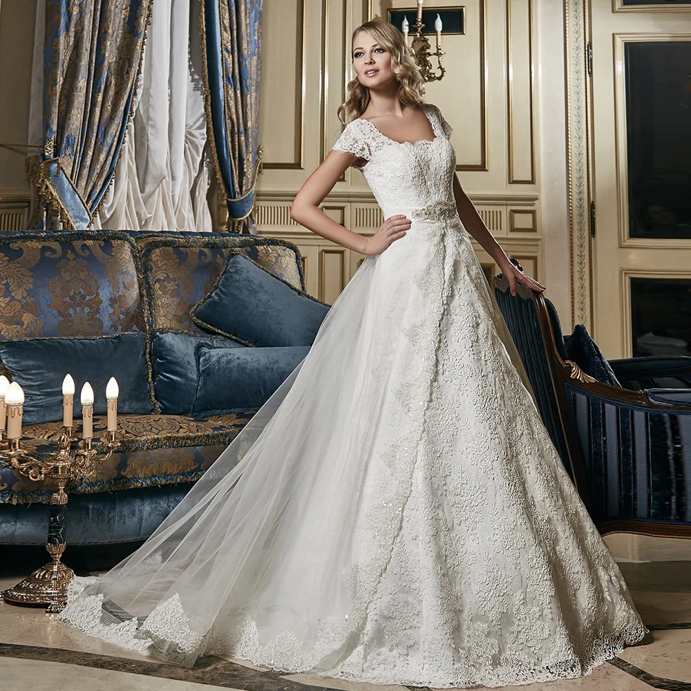 New Arrivals Sparkly Beaded Crystal Waist All Over Appliques Lace A-line Wedding Dresses With Detachable Train Login