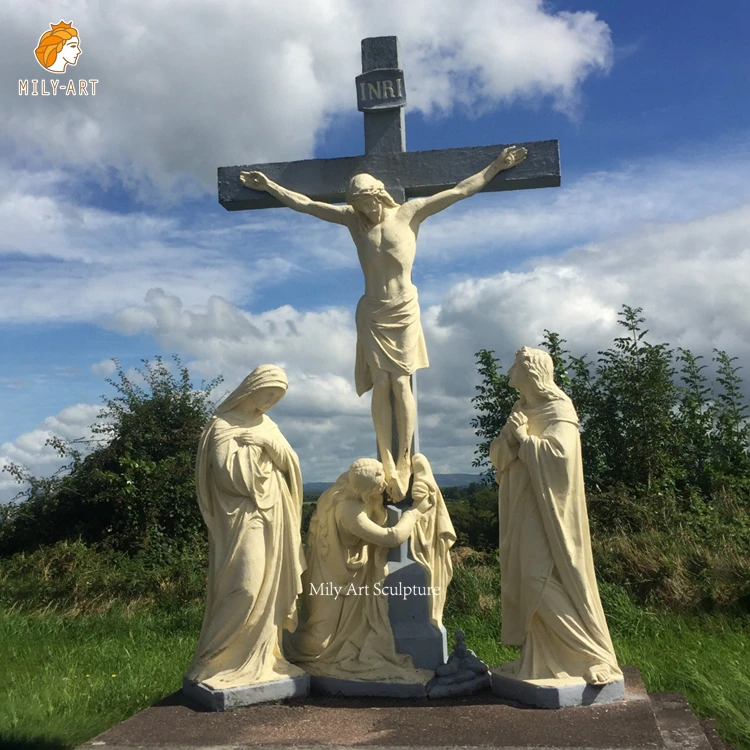 Indoor Outdoor Religious Life Size Hand Made Cross Marble Jesus Statue