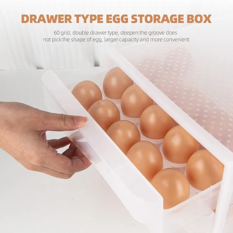 Gloway Plastic 2 Layers Kitchen Egg Drawer 60 Grid Stackable Egg Holder Tray Egg Organizer Storage Container For Refrigerator