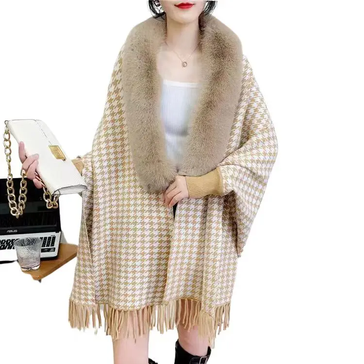 Women Fashion Fur Collared Wool Cashmere Shawl Cape Tassel Wool Scarf With Pocket