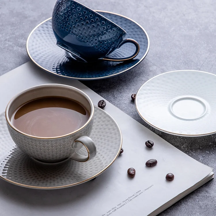 
restaurant chain dinnerware ginshop teaware tea espresso bone china golden rim embossed cafe shop ceramic coffee cups wholesale 