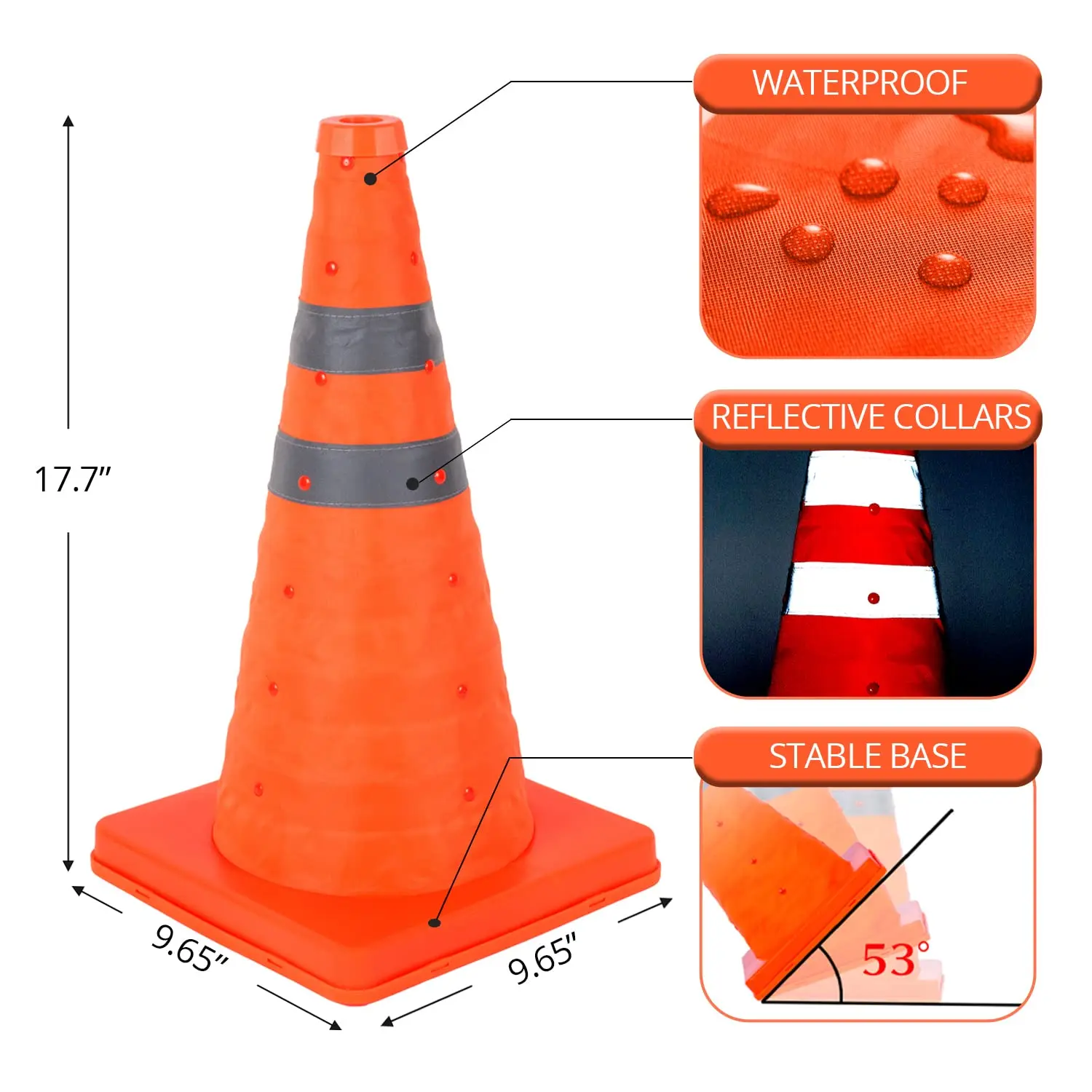 factory wholesale Oxford fiber 12 18 28 36 inch collapsible LED solar power warning light traffic safety retractable cone