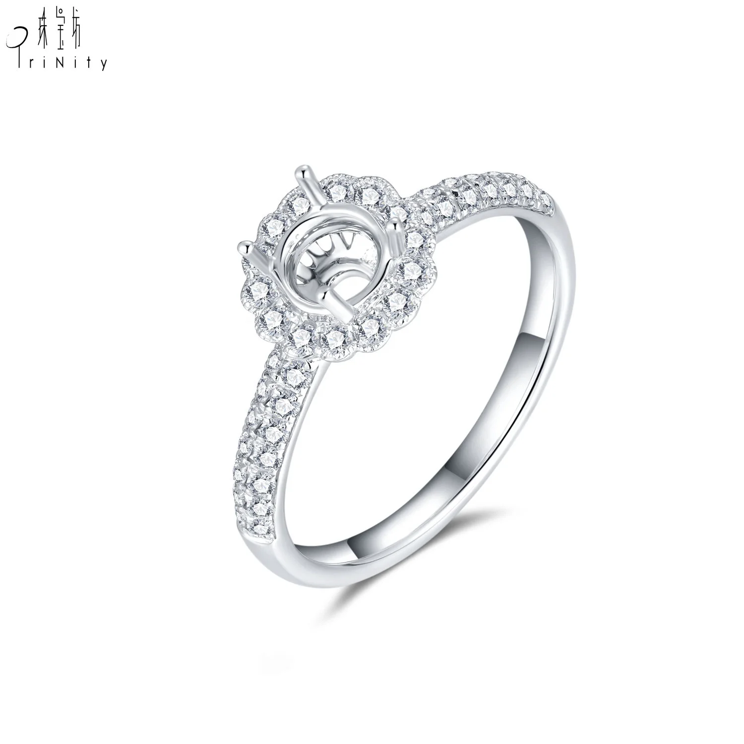 Trendy Luxury Fine Jewelry 18k Solid White Gold Diamond 2 Row Four Claws Setting Semi Mounting Ring Wedding For Women