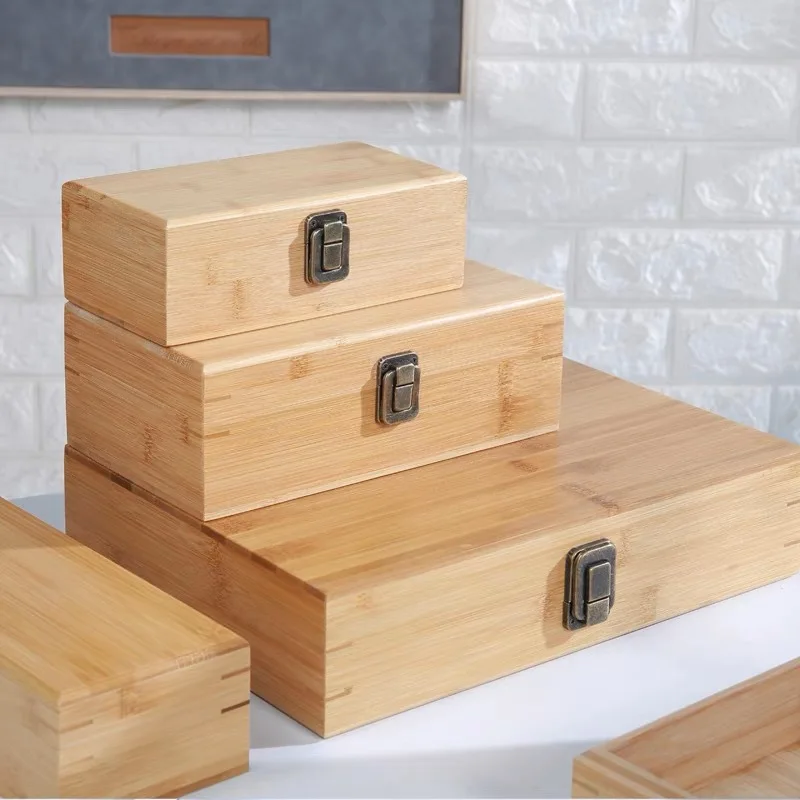 Japanese bamboo wooden storage box Rectangular solid wood with lock clamshell wooden box Tea essential oil bamboo gift box