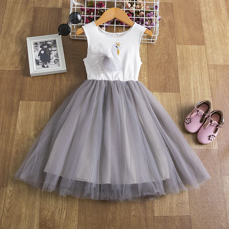 Summer 2023 New Sundress Dress Girls White Swan Mesh A-line Skirt Korean Style Toddler Kids Princess