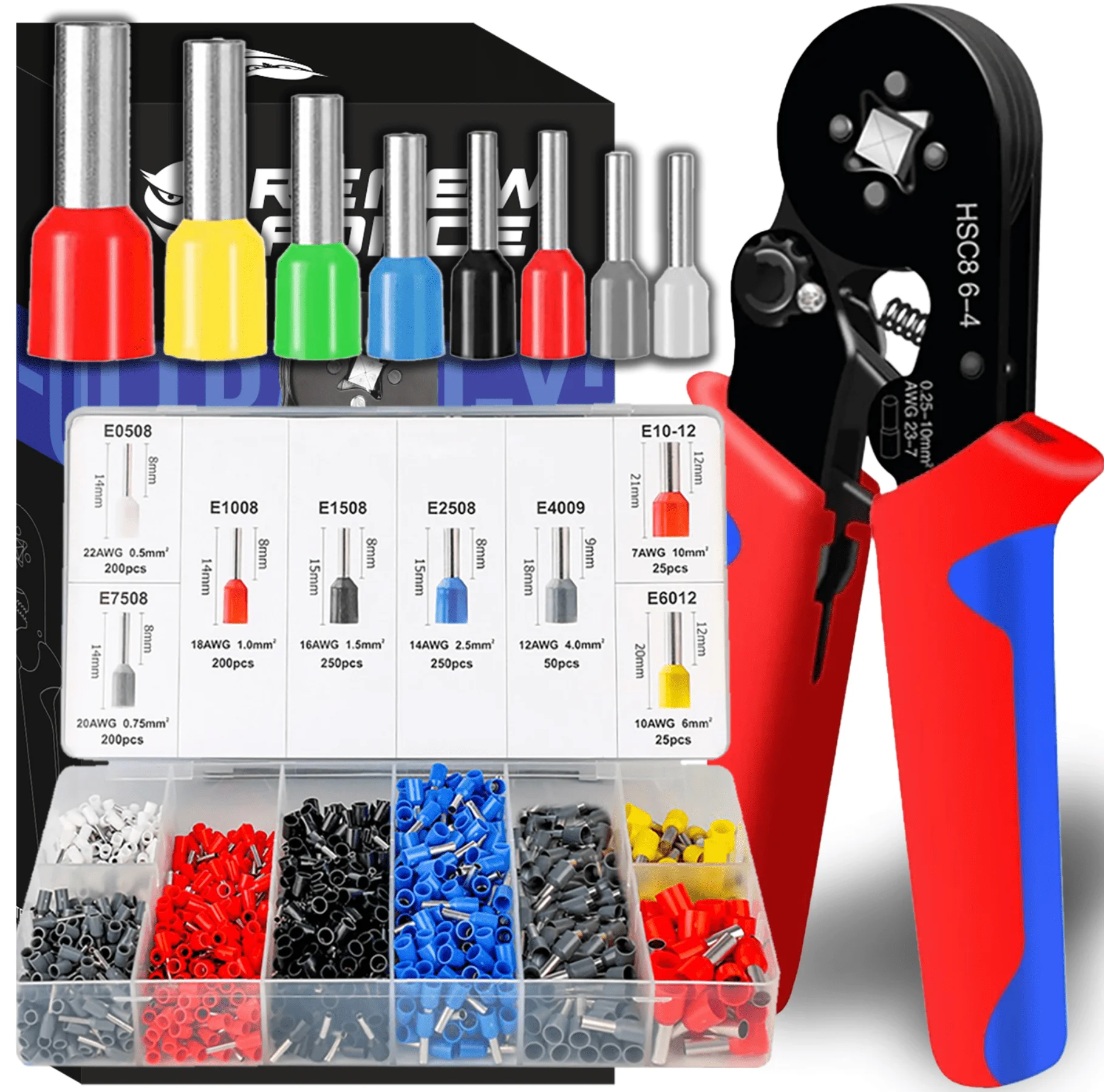 Terminal Crimping Pliers 0.25-10mm2 6-4A Tubular Ferrule 1900Pcs Wire Clamp Kit