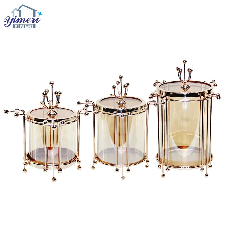 customize metal pedestal amber glass chocolate candy storage jar with lid