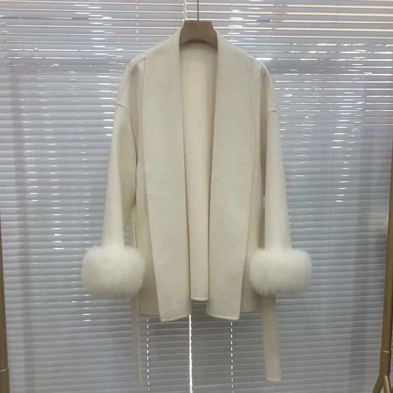 Plus Size Women Oversized Wool Coat With Real Fox Fur Cuff Long Sleeve Loose Wool blended Jacket With Belt Female Outwear